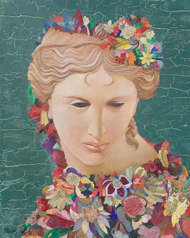 "Floral Anahit" by Minas Halaj: oil, textile, wax, mixed media on panel, 2018. Private collection.